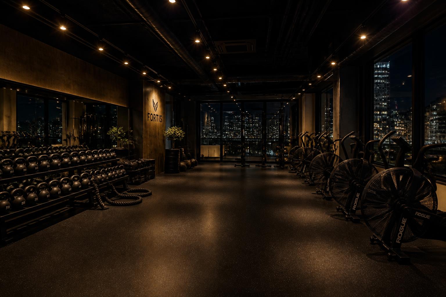Rendering of the group class studio with kettlebells and assault bikes