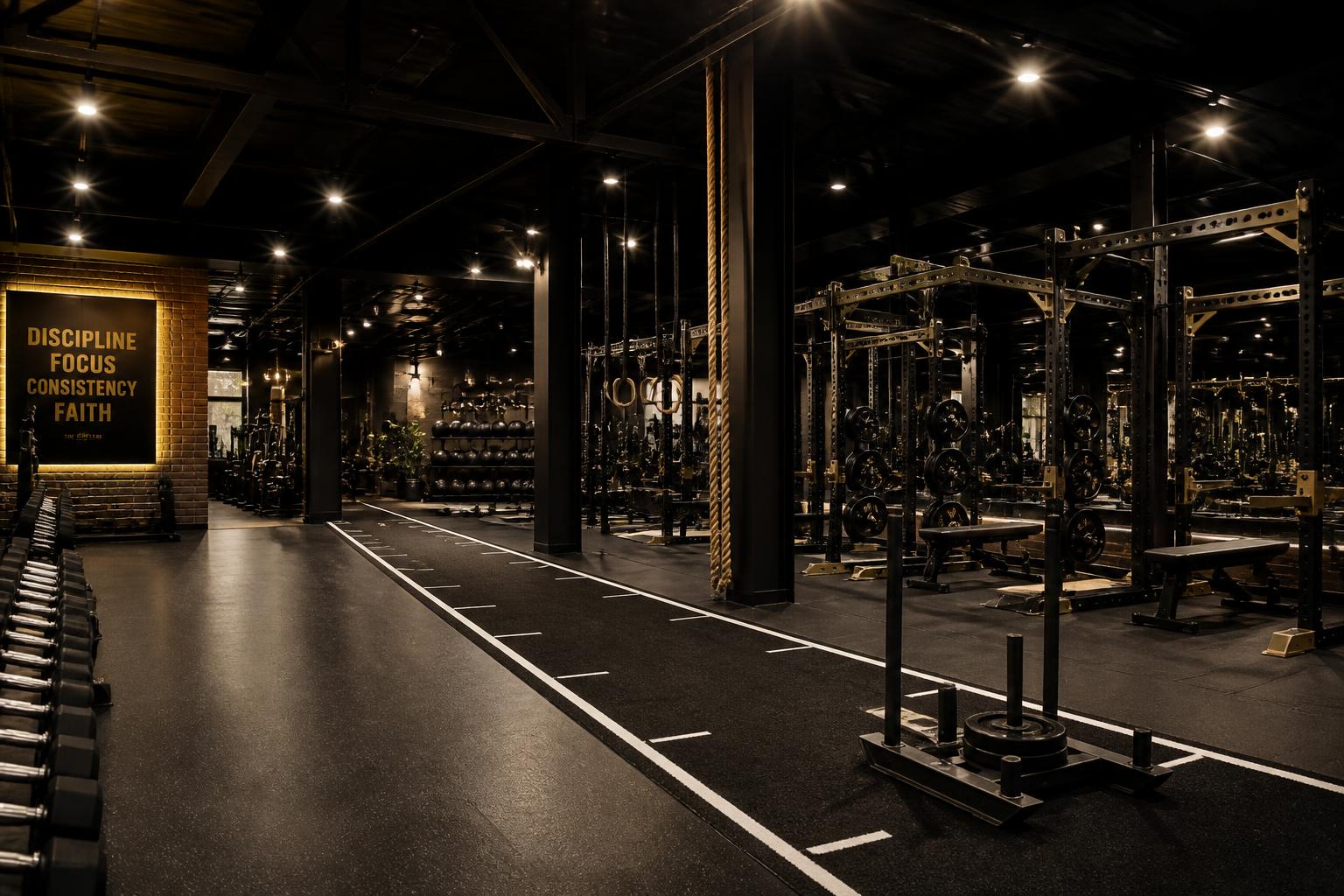 Rendering of the main training floor with racks, rig, and turf