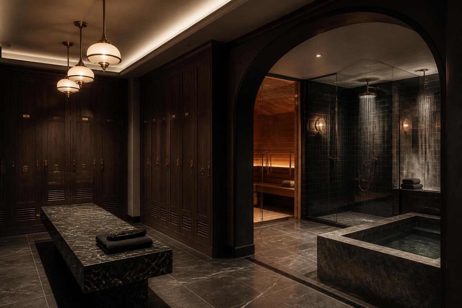 Rendering of the men's locker room with cedar sauna, rainfall showers, and cold plunge